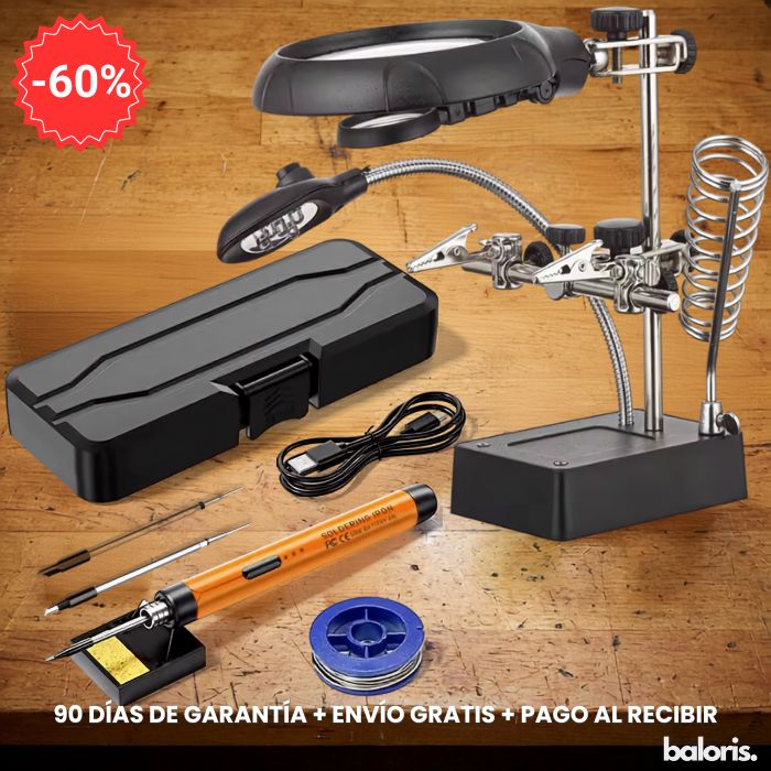 COMBO ESPECIAL: Soldador electrico portatil + Soporte de soldadura con lupa y luz LED